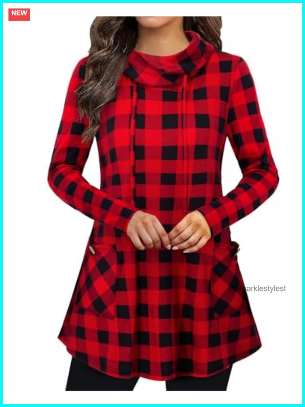 Womens Cowl Neck Asymmetrical Tunic Sweater with Pockets Long Sleeve Plaid